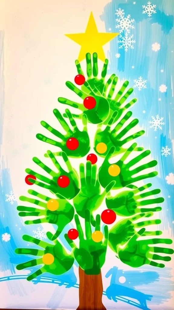Handprint Christmas Tree Painting Handprint Christmas tree painting with colorful ornaments and a star.